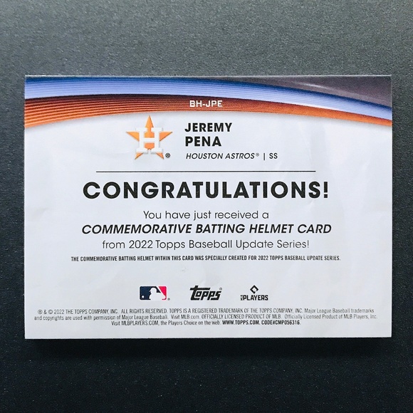 Jeremy Pena RC - 2022 Topps Update Commemorative Batting Helmet #BH-JPE - Picture 2 of 2
